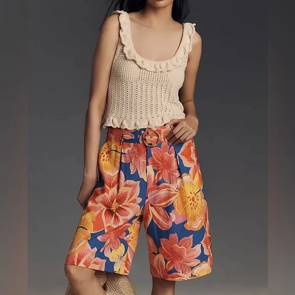 NWT Farm Rio Linen Blend Belted Floral Bermuda Shorts - Size Medium - Picture 1 of 7